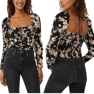 FREE PEOPLE HILLARY KEYHOLE LONG SLEEVE TOP XL BLACK FLORAL